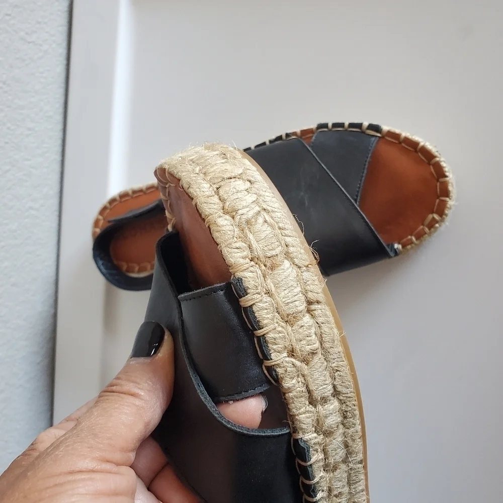 Alohas Crossed Black Leather Espadrilles Sandals Platform Made in Spain Size 36